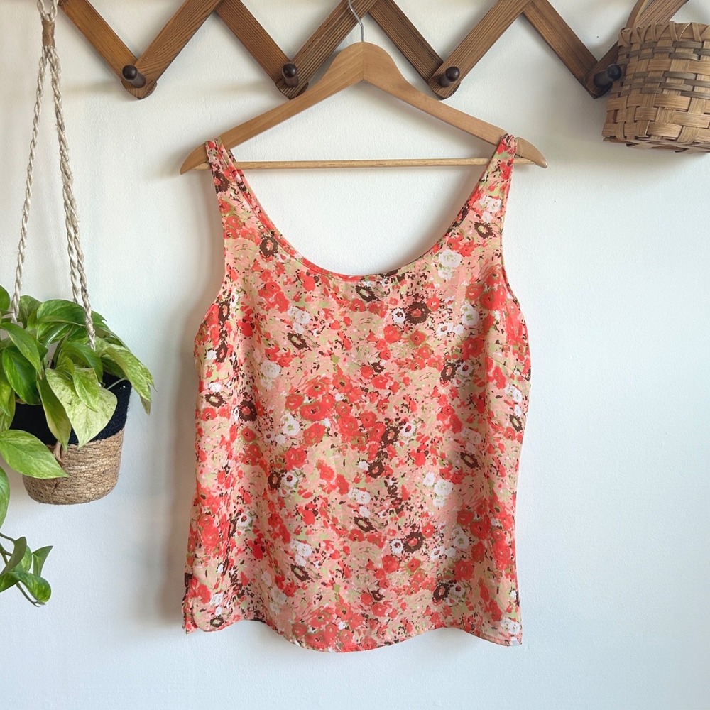Vintage Notations Floral Tank Top Coral Pink Green Sleeveless Blouse Cottage